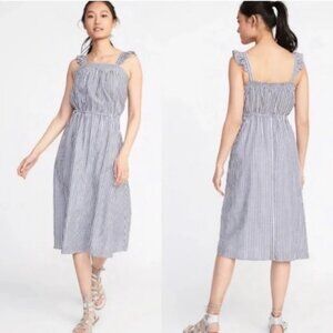 Old Navy Blue Chambray Linen Stripe Smocked Ruffle Strap Sleeveless Midi Dress